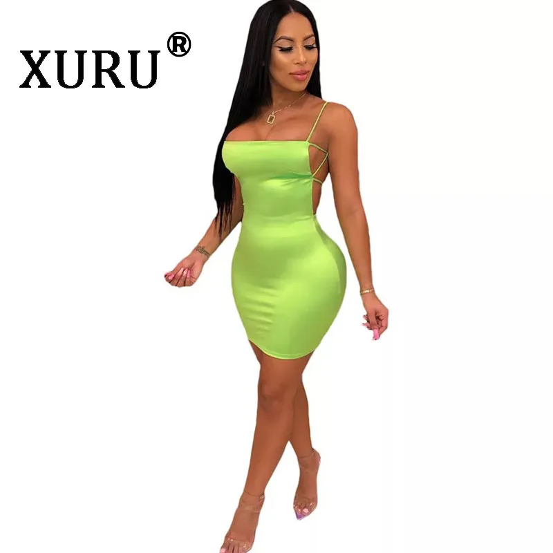

XURU Summer New Women's Sexy Dress Solid Color Sling Halter Dress Nightclub Club Party Dress