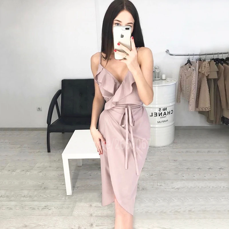 Новый сексуальный глубокий V шеи SummerDress Для женщин рюшами Асимметричный Спагетти