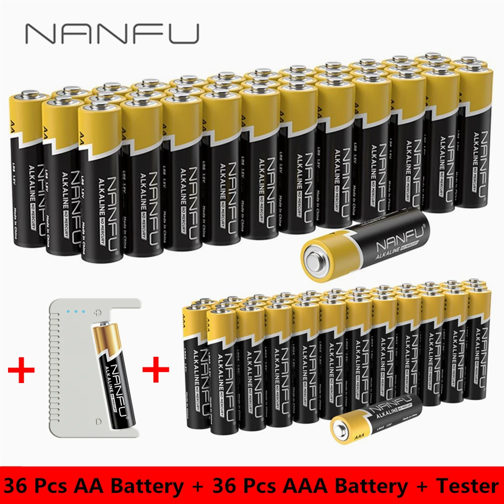 NANFU 72 шт. щелочной аккумулятор(36 аккумулятор aa + 36 aaa) с батарея тестер LR03 950 мАч LR06