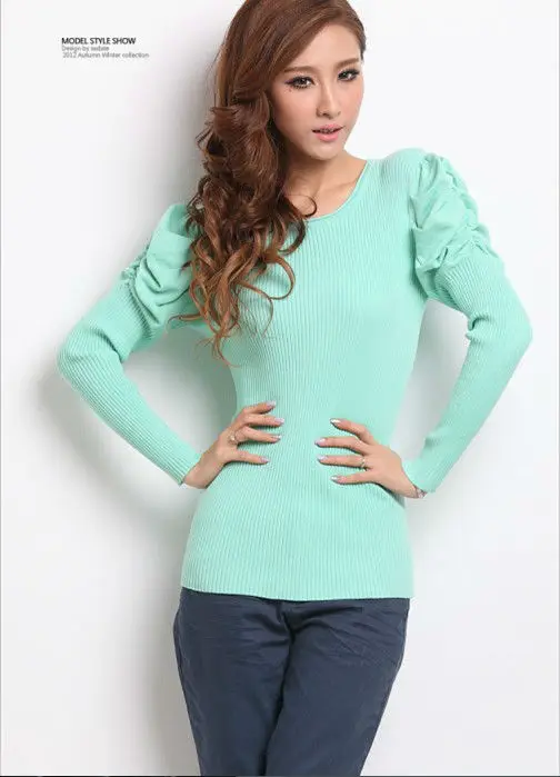 Freeshipping hot sale women knitted sweater long puff sleeve fashihon slim black designer pullover winter clothing Korea apparal | Женская
