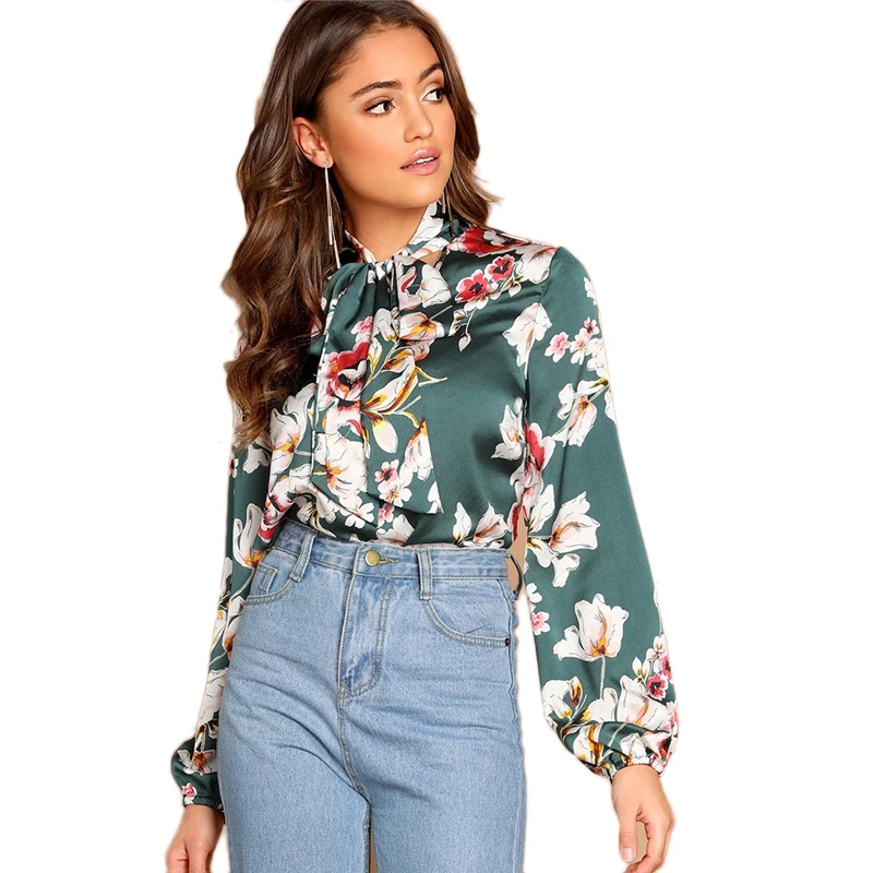 SHEIN Нарядная Атласная Блузка С Цветочным Принтом Блузка С Длинным Рукавом И Бантом