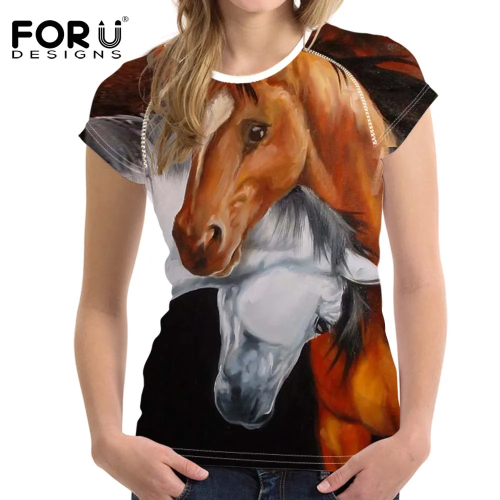FORUDESIGNS/3D Crazy Horse для женщин на каждый день Новинка Футболка Рубашки девочек Летняя