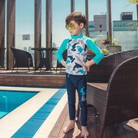 children boy long sleeved split dolphin pattern sun protection swimsuit with swimming cap boys kid summer swimwear set plus size