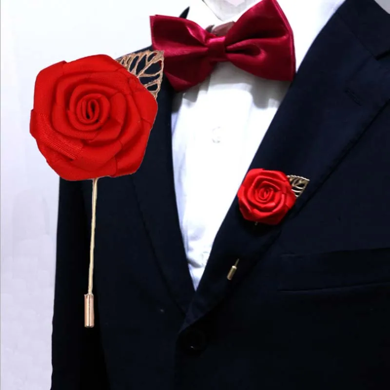 

New 20Pcs/Lot Best Man Groom Boutonniere Silk Satin Rose Flower men buttonhole Wedding Party Prom Man Suit Corsage Pin Brooch