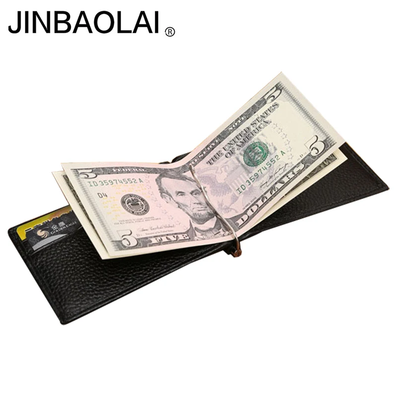 Мужской кошелек из натуральной кожи с зажимом для денег двойного сложения черный