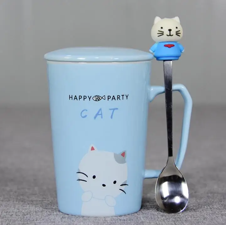 Cat TECHOME креативная прекрасная керамическая кружка Кошка Кролик Медведь обезьяна фарфоровая чашка кружка с крышкой Ложка мультфильм Животные молоко кофейная чашка - Цвет: Cat