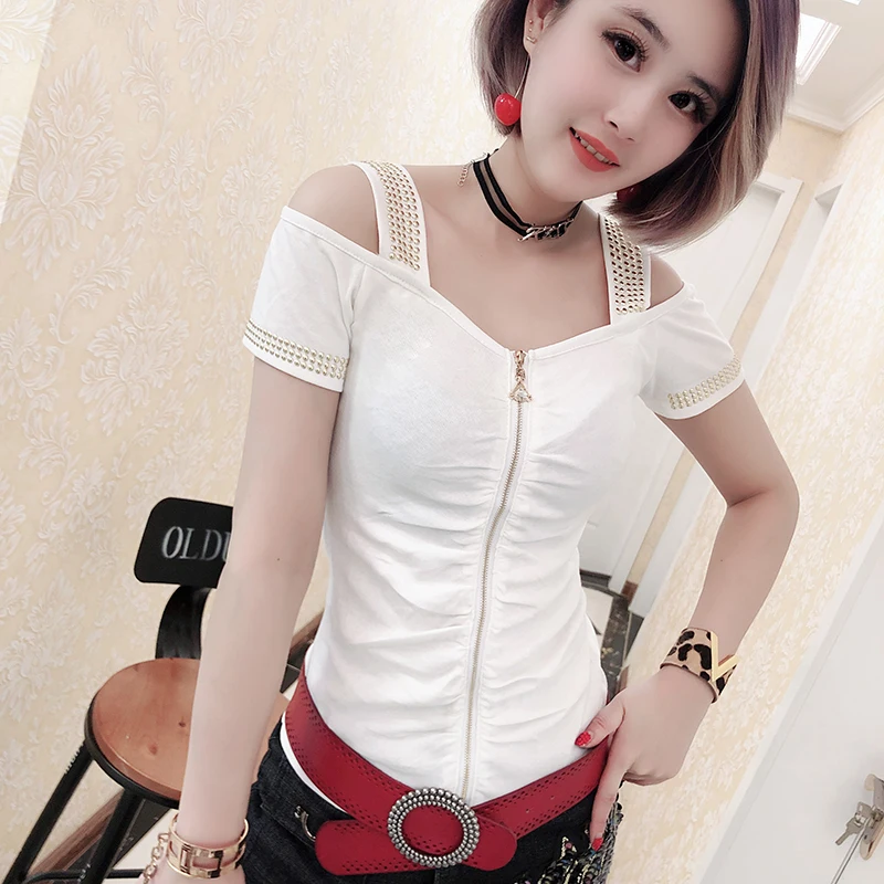 Сексуальное платье с открытыми плечами блестящие заклепки футболка