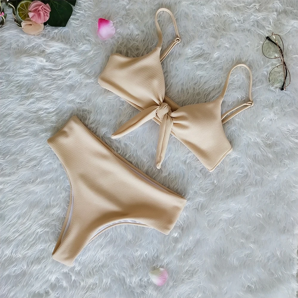 Модное бикини с высокой талией новинка 2019 однотонный комплект из 2 предметов на