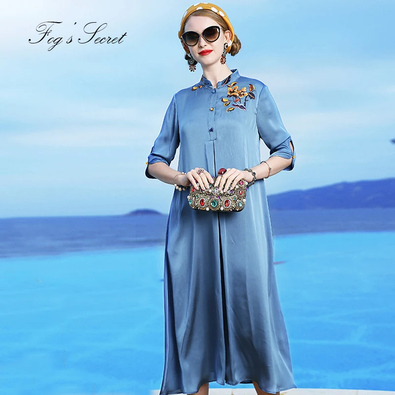 Women Long Dress Loose Elegant Chinese Cheongsam Embroidery Flower Large size Thin For 2019 summer autumn | Женская одежда