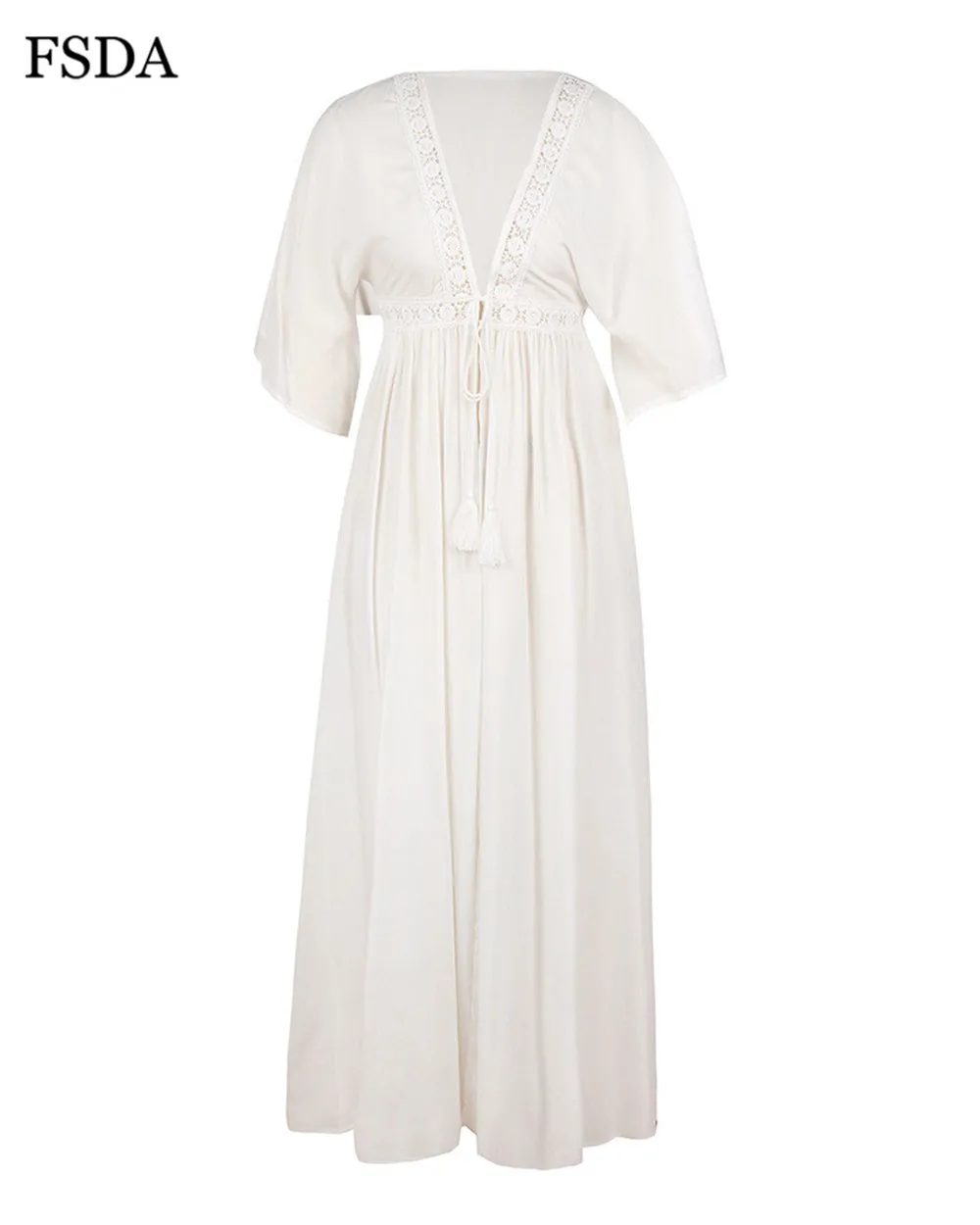 FSDA Beach Boho Maxi Cardigan Dress Lace V Neck Cotton Summer Loose Short Sleeve Casual Elegant Dress Women
