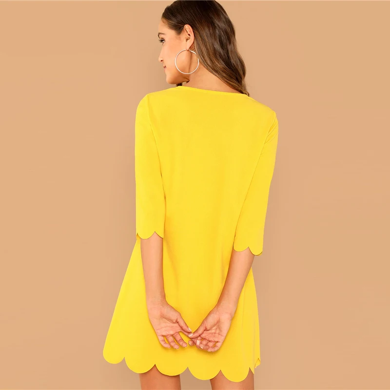 Dotfashion, желтая туника с волнистым краем, женские платья, Новое поступление, одежда, осенняя, повседневная, простая, 3/4 рукав, прямое короткое платье