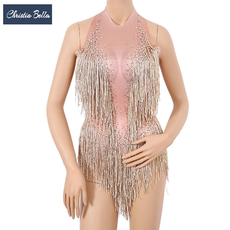 Christia Bella Bling Rhinestones Tassels Bodysuit Women Stage Costumes Sexy Backless Stretch Leotard Pole Dance Performance Wear