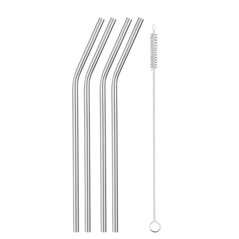 silver 4 pcs Многоразовая металлическая соломинка из нержавеющей стали для питья, согнутая прямая красочная соломинка, экологичные портативные соломинки с кистью - Цвет: silver 4 pcs