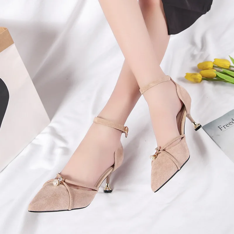 

Women Shoes Pumps Pointed Toe Flock Buckle Rhinestone Hollow 7.5CM thin High Heels Fashion Office Shoes