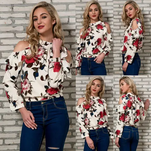 

Womens Summer Fashion Chiffon Blouse Floral Tops Long Sleeve Female Ladies Casual Blouse 2019 New Arrival