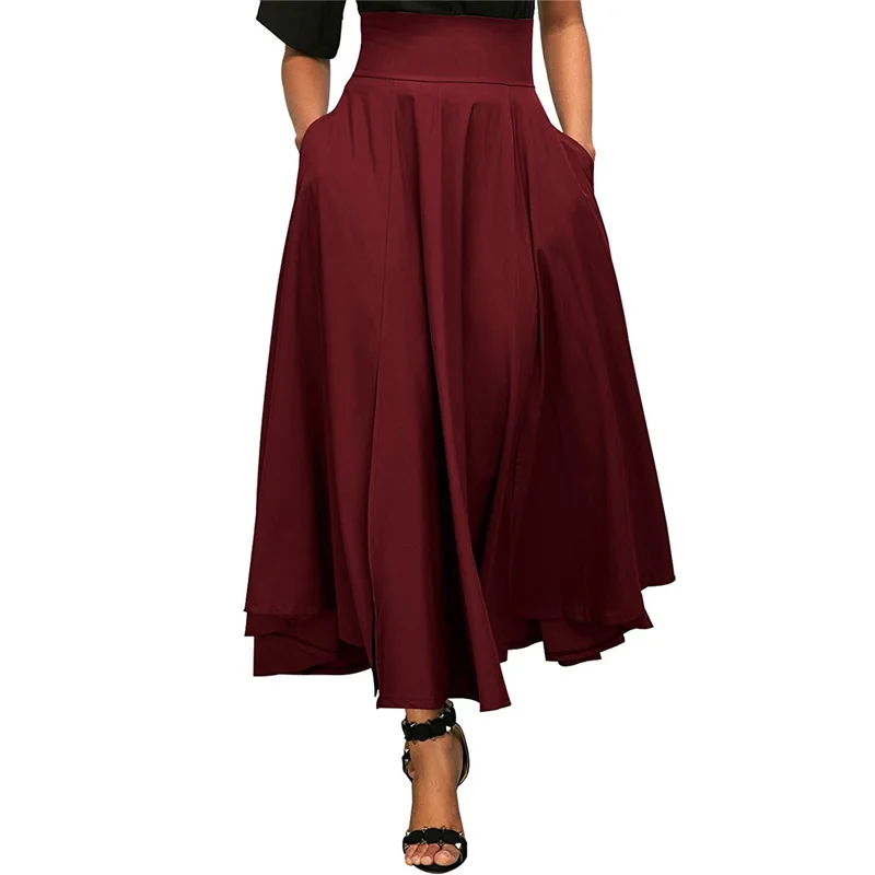 Dark Red Aonibeier/юбка с широким поясом на молнии сзади; модная Однотонная юбка макси с высокой талией; юбка трапециевидной формы с двойным карманом на шнуровке - Цвет: Dark Red