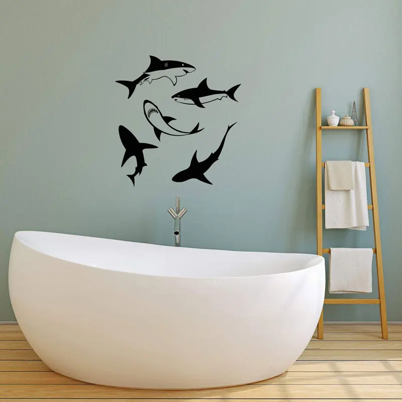 Vinyl wall applique shark bathroom decoration concept interior mural sticker fashion YS04 | Дом и сад