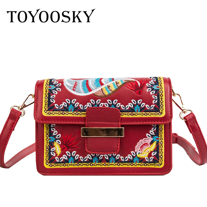 TOYOOSKY для женщин вышивка цветок сумки с застежкой Мода клапаном искусственная кожа Сумка Feminina Дамы Crossbody Shouler Bolsas