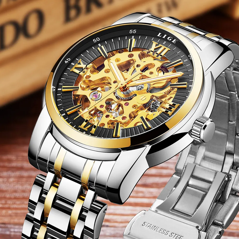 Для мужчин Часы 2017 lige бренд класса люкс известный Военное Дело часы Скелет