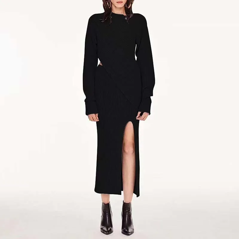 TWOTWINSTYLE вязаный комплект из двух предметов юбка Женский ассиметричный свитер пуловер женский боковой Сплит вязаный миди сексуальные юбки костюмы