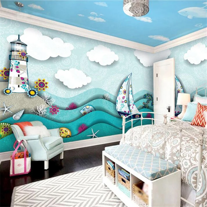 3d обои на заказ Рисование с героями мультфильмов синее небесное белые тучки