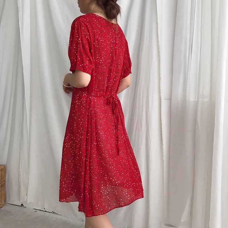 PERHAPS U red apricot polka dot v neck puff sleeve short a line dress mini beach vocation D1311 | Женская одежда