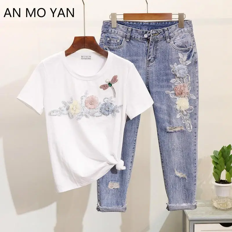 High Quality An Mo Yan3d Flower Embroidery Harajuku Two-piece Women's Spring And Autumn Sweet Trend Summer Set Women | Женская
