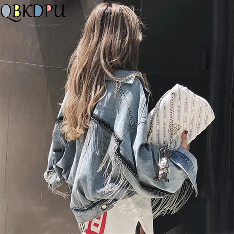 Женская джинсовая куртка с рукавом летучая мышь Короткая свободная бахромой