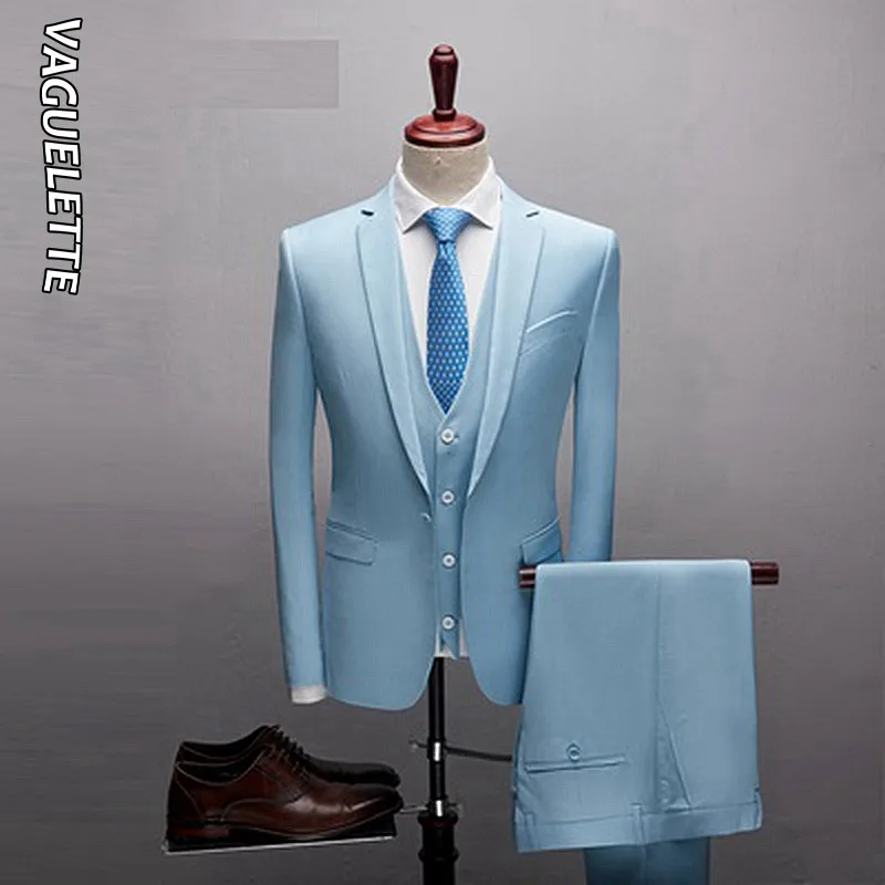 Light Blue VAGUELETTE черный и Королевский синий свадебный мужской костюм белый приталенный сценический костюм Homme официальный однотонный серый костюм из 3 предметов со штанами - Цвет: Light Blue