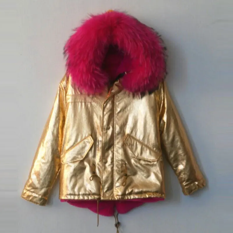 Short style hot pink red faux fur lining warming jacket with gold leather outside coat | Мужская одежда