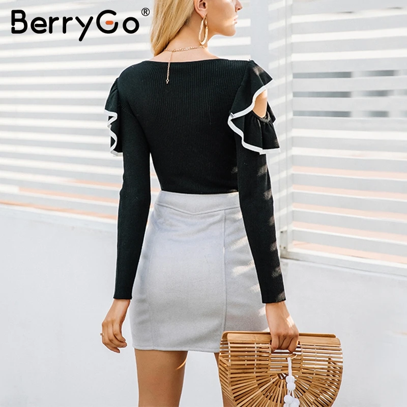 BerryGo вязаный свитер с круглым вырезом и рюшами Женский Повседневный зимний