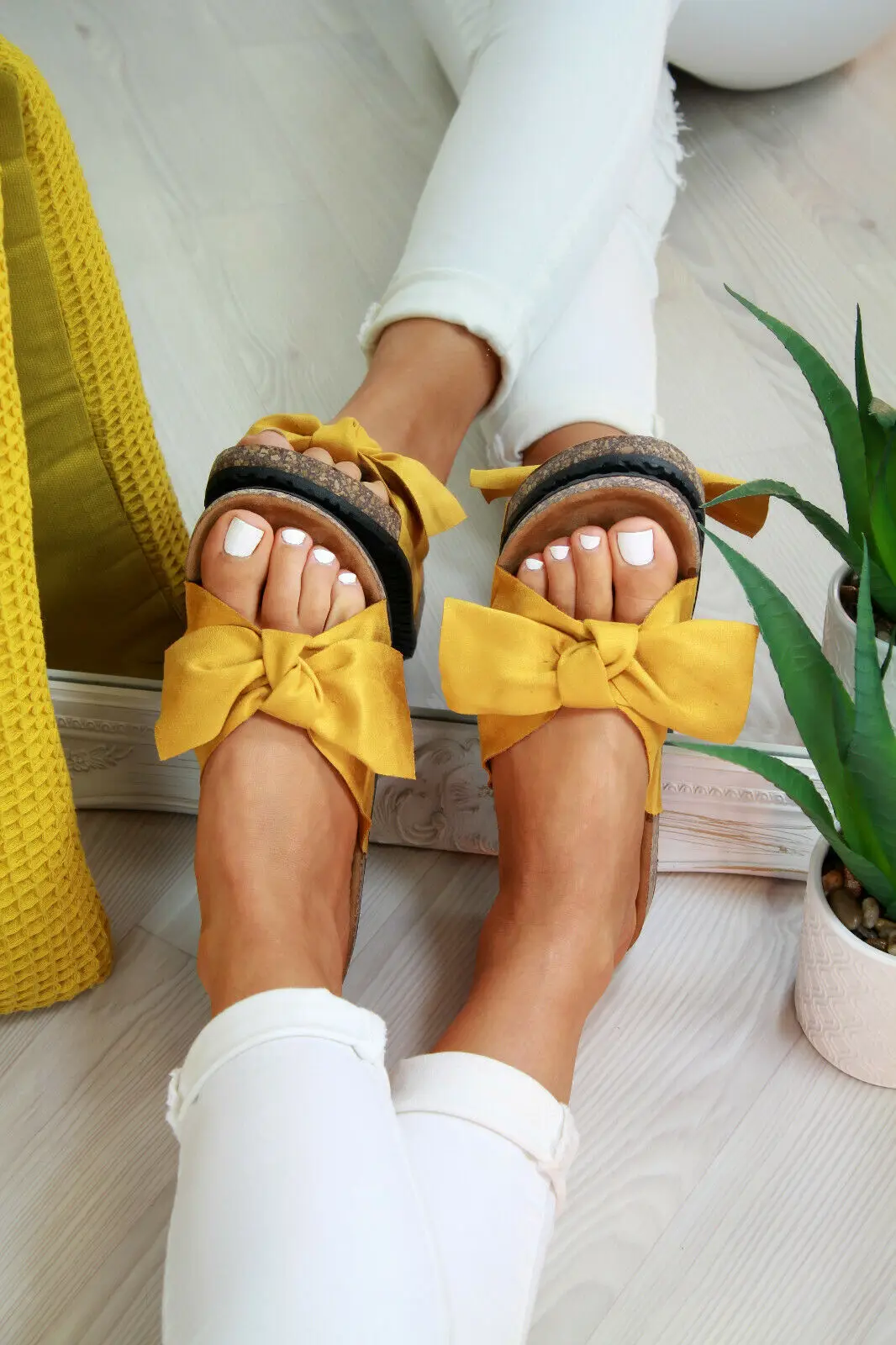 Yellow Oeak/Новинка; женские босоножки без застежки с бантом на плоской подошве; модная обувь; размеры - Цвет: Yellow
