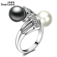 dreamcarnival 1989 brand new elegant white and grey synethetic pearls cubic zirconia party rings for women anillos mujer wa11568
