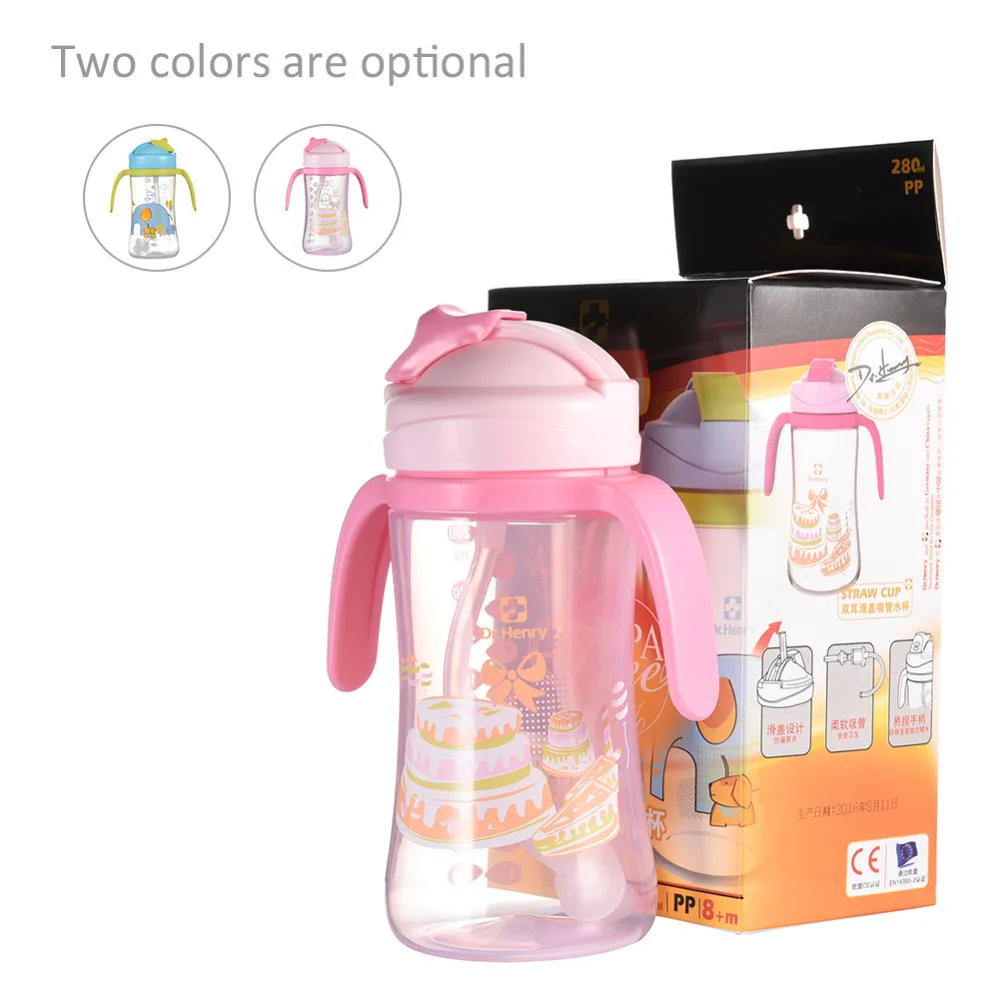 

240 Ml Baby Drink Training Bottle Cup With Straw And Two Handles Sliding Closure Baby Water Bottle PP Material Leak Proof