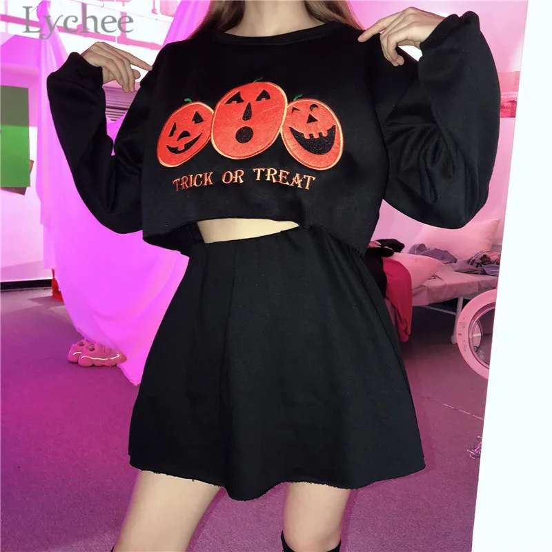 

Lychee Punk Pumpkin Letter Embroidery Women Crop Sweatshirt Long Sleeve O-Neck Female Pullover