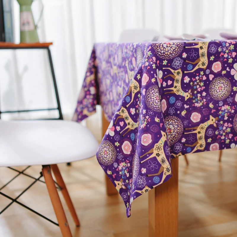 Colorful Fawn Purple Cotton and Linen Square Tablecloth Fabric Pastoral Small Fresh Coffee Bar Christmas Table | Дом и сад