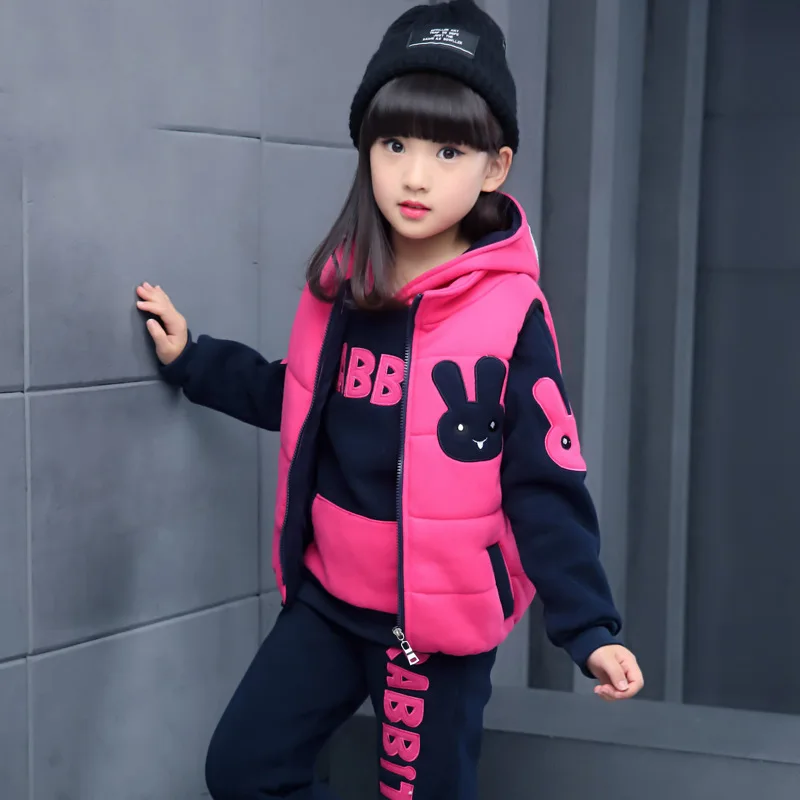 

Girls 4-12 Years Sports 3 PCS Set (Hooded Vest + Tee Shirt + Long Pant) Fashion Cartoon Thick Fleece Cotton Autumn Hoodies Suit