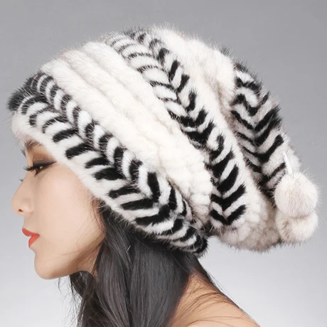 women winter fur hat hair mink baggy beanie with fur ball black brown white stripe autumn knitted H915