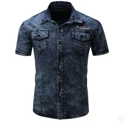 Мужская хлопковая рубашка с короткими рукавами ностальгическая джинсовая в