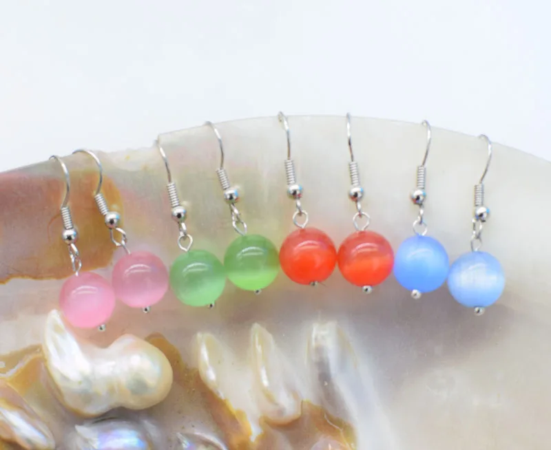 

one pair cateye agate red pink blue round 10mm hook earrings FPPJ wholesale beads nature