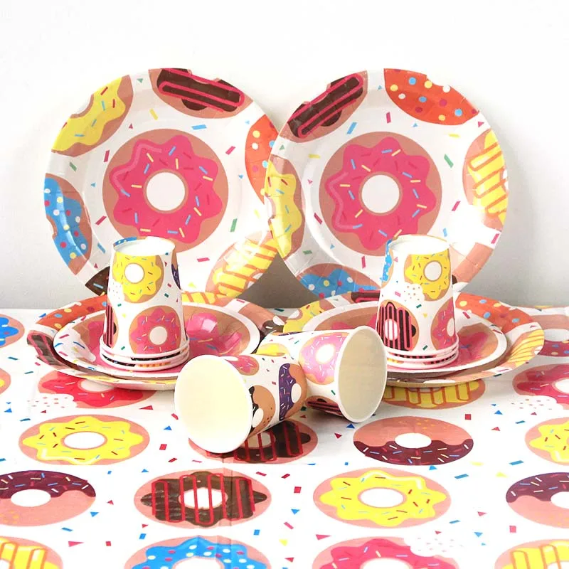 

Party Disposable Tableware Donuts Kids Treat Boys Girl Birthday Decor Paper Plates Cup Napkin Tablecloth Baby Shower Supplies