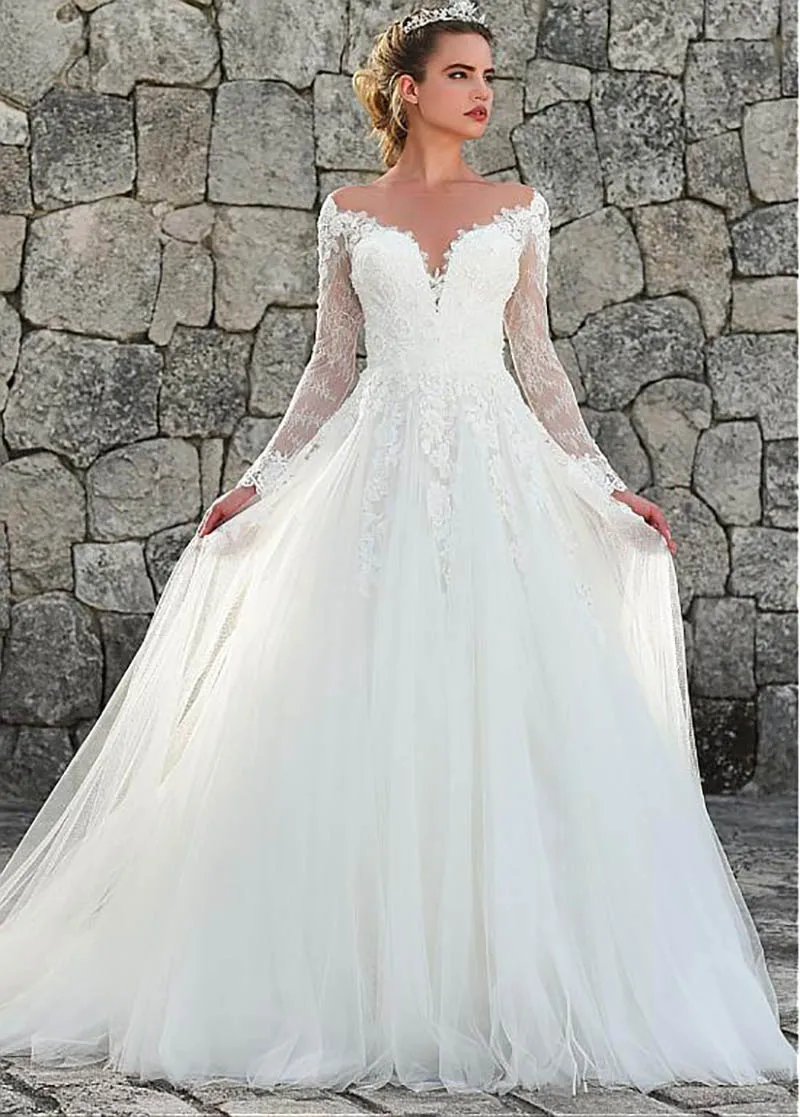 Свадебное платье принцессы LORIE кружевное невесты с длинными рукавами и