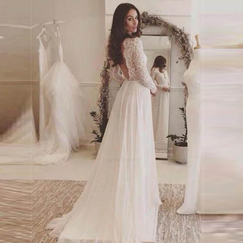 Robe De Mariee богемное кружевное свадебное платье с длинными рукавами трапециевидной формы с v-образным вырезом и открытой спиной шифоновое пляжное свадебное платье