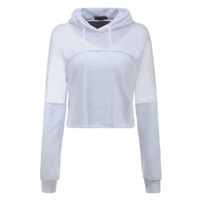 2018 Women Autumn Winter Sexy Perspective Mesh Stitching Short Paragraph Umbilical Hooded Sweatershirt Hoodies | Женская одежда