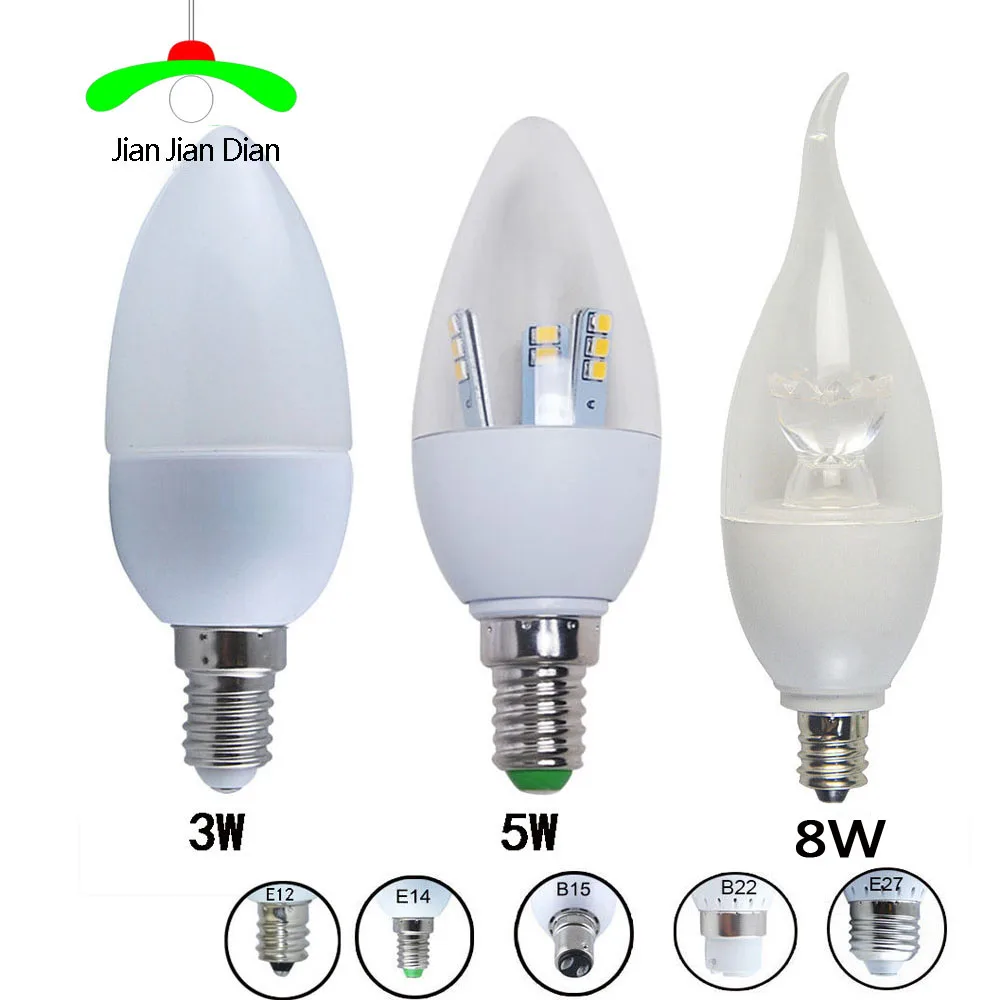 6 шт./лот светодиодный лампы E14 E12 B15 E27 B22 SMD2835 110 V-220 V светодиодный Свеча светильник 3 Вт 5 Вт 8 Вт Светодиодный Люстра белый/теплый белый светодиодный светильник