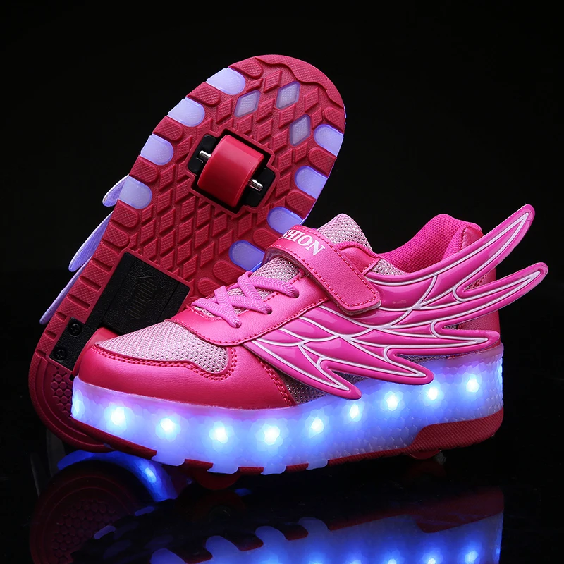 

New Pink Black USB Charging Fashion Girls Boys LED Light Roller Skate Shoes For Children Kids Sneakers With Wheels Two wheels