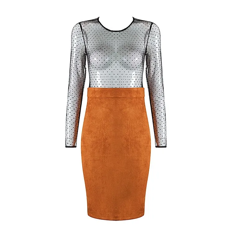 Летняя Мода Женщины Элегантный orange Black mesh Длинные рукава o шеи Сексуальная Bodycon