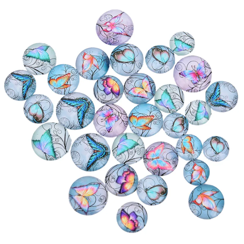 

50Pcs/lot Mixed Butterfly Glass Cabochon Flatback Spacers DIY Making Findings Round Photo Glass Flat Back
