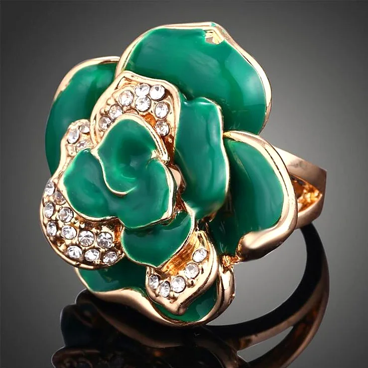Винтажное кольцо Стразы в ретро стиле с большим цветком для женщин Золотая эмаль