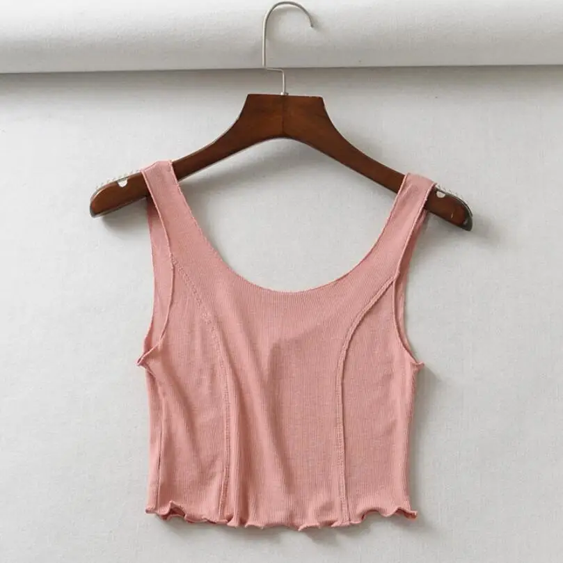 Розовый LUNDUNSHIJIA Лето Европа Feminino Camisole Топ женские укороченные сексуальные топы в рубчик 4 цвета - Цвет: Розовый